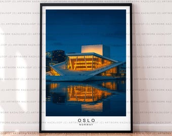 Night Oslo Norway Waterfront Unframed Illustration Art Print With Harbor Scene Oslo Poster