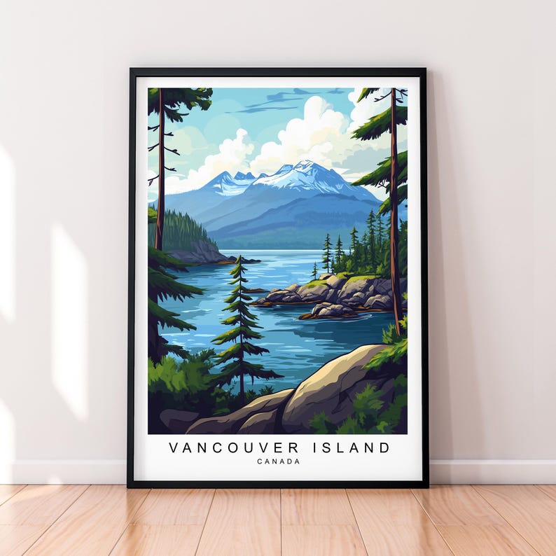 K&ouml;nnte beinhalten: Eine farbenfrohe Illustration einer Landschaft mit Bergen, Wasser und B&auml;umen. Der Text "Vancouver Island, Canada" befindet sich am unteren Rand des Bildes.