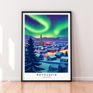 Reykjavík Stampa Notte Aurora Arte Illustrazione Reykjavík Islanda Poster Arte da parete Regalo Stampa senza cornice