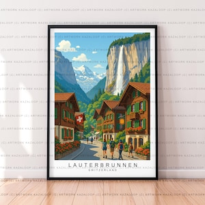 Lauterbrunnen Switzerland Unframed Illustration Print Poster Art, Alpine Wall Art, Travel Artwork, Mountain Village Landscape Poster
