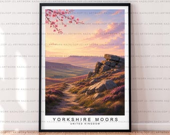 May include: A framed landscape print of the Yorkshire Moors in the United Kingdom, featuring a rocky outcrop, a dirt path, and purple heather under a sunset sky with pink cherry blossom branches in the upper left corner and text at the bottom.