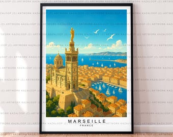 Marseille Frankreich Illustration Druck Poster Kunst, Küsten Wandkunst, Reise Kunstwerk, Französische Architektur Stadt Landschaft Poster