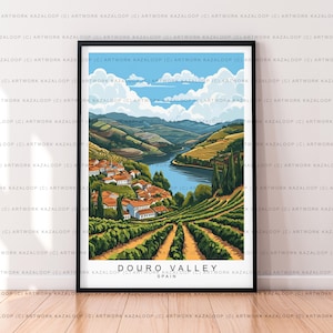 Illustrazione artistica senza cornice del poster della valle del Douro, Portogallo, raffigurante il fiume e i vigneti. Stampa della valle del Douro.