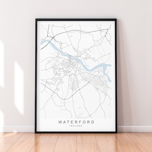 May include: A black and white map print of Waterford, Ireland. The map shows the city's streets and waterways. The city name and country are printed below the map.