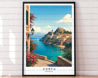 May include: A framed art print depicting a coastal scene in Corfu, Greece, featuring a stone walkway, vibrant pink flowers, a black lantern, and a view of a Mediterranean town with a fortress overlooking the blue sea under a clear sky.