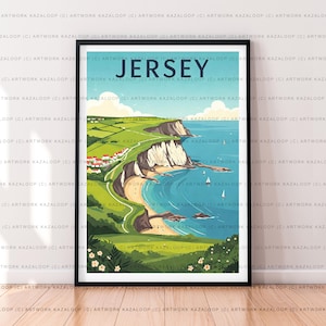 Poster artistico con illustrazione costiera senza cornice dell'isola di Jersey, con scogliere e vista sul mare. Stampa di Jersey.