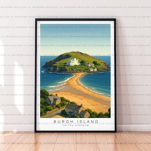 Burgh Island Storbritannien oramad illustration tryck affischkonst, kustresetryck, Burgh Island väggkonst, havslandskapsaffisch
