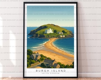 Burgh Island Vereinigtes Königreich Ungerahmt Illustration Druck Poster Kunst, Küstenreise Druck, Burgh Island Wandkunst, Küstenlandschaft Poster