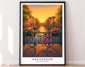 Illustrazione artistica del tramonto di Amsterdam, stampa senza cornice, poster del canale della città di Amsterdam