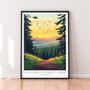 May include: A poster featuring a scenic view of a forest path leading to a mountain range in the distance. The sky is a vibrant orange and yellow, with birds flying overhead. The text "Galloway Forest Park, Scotland" is at the bottom of the poster.