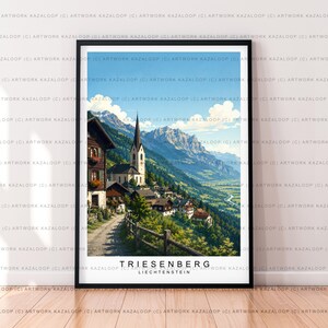 May include: A framed art print depicting a landscape of Triesenberg, Liechtenstein, featuring a village with a church steeple, wooden houses, and a mountain range under a blue sky. The text TRIESENBERG LIECHTENSTEIN is printed at the bottom.