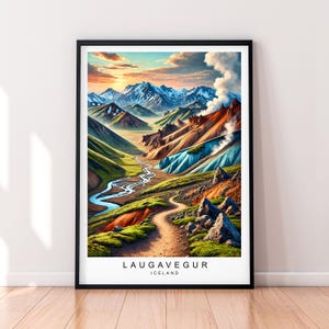 Affiche imprimée d'art sur le sentier panoramique de Laugavegur Illustration colorée des montagnes d'Islande sans cadre