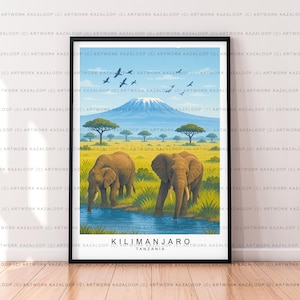 Kilimanjaro Tanzania Unframed Illustration Art Print With Elephants Kilimanjaro Poster