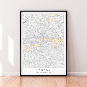 London Karte London City Gold Gelb Farbe Fluss Themen Karte Druck Minimalist London England Vereinigtes Königreich Home Karte Poster Wand-Dekor