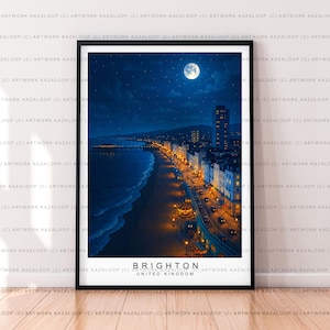 Night View Brighton Seafront Unframed Illustration Print Poster Art Coastal Beach Wall Decor Brighton Travel Artwork Brighton Poster
