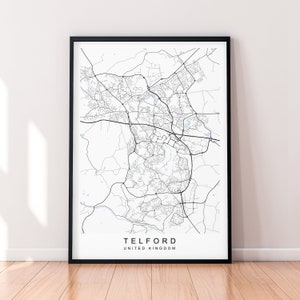 May include: A black and white map print of Telford, United Kingdom. The map shows the city's streets and roads.