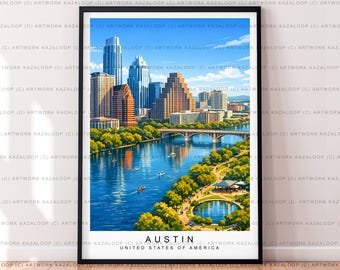 Austin Texas Ungerahmt Illustration Druck Poster Kunst Austin Skyline Kunstwerk Texas Wandkunst Austin Print