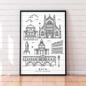 Bath United Kingdom Unframed Illustration Print Poster Art Featuring Iconic Architecture Landmarks And Minimalist Line Drawing Bath