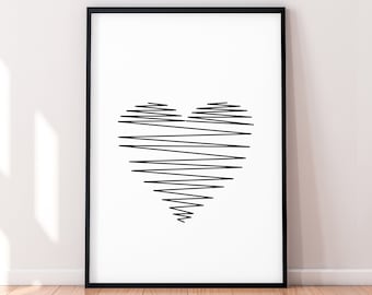 Zig Zag Heart Love Single Line Art Poster Wall Art Minimalist Print