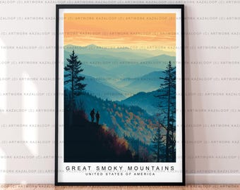 Plakat z ilustracją Great Smoky Mountains bez ramki, dekoracja ścienna z Great Smoky Mountains, wydruk z podróży przyrodniczej, wydruk z Great Smoky Mountains