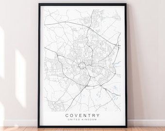 May include: Black and white line art map of Coventry, United Kingdom. The map shows the city's streets and roads.