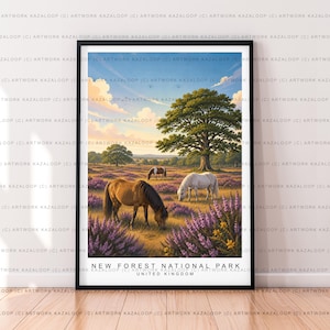 May include: A framed art print featuring a landscape of the New Forest National Park in the United Kingdom. The scene depicts three horses grazing in a field of purple heather under a blue sky with clouds, with large trees and text at the bottom.