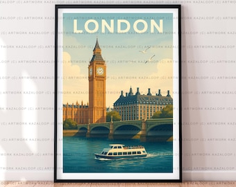 Pôster ilustrado com ilustração do pôr do sol em Londres, ideal para viagem ou como presente (sem moldura).