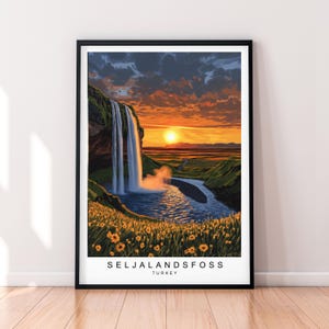 Stampa artistica del tramonto di Seljalandsfoss Illustrazione della cascata di Seljalandsfoss in Islanda Poster da parete Regalo Stampa senza cornice