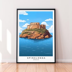 May include: A digital illustration of a fortress on a small island in the sea. The fortress is brown and has a white roof. The island is surrounded by blue water. The text "SPINALONGA GREECE" is at the bottom of the image.