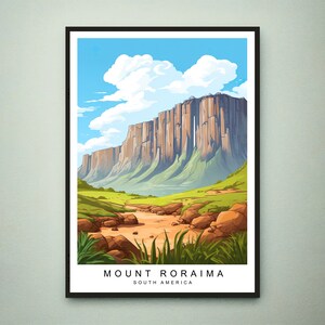 Può includere: Un'illustrazione colorata del Monte Roraima, una montagna a cima piatta in Sud America. La montagna è raffigurata con una parete rocciosa scoscesa e un paesaggio verde lussureggiante alla sua base. Il cielo è blu con nuvole bianche.