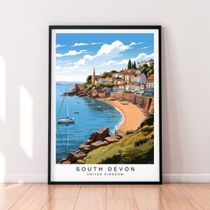 Affiche d&#39;illustration du sud du Devon, affiche d&#39;art mural, cadeau du sud du Devon, impression sans cadre