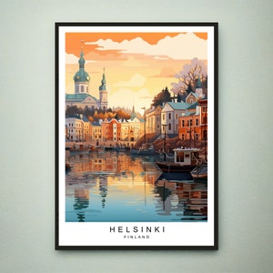 Impresión de viaje al atardecer en Helsinki, ilustración de Helsinki, Finlandia, póster artístico, regalo, impresión sin marco
