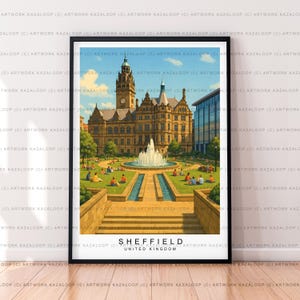Sheffield Royaume-Uni Illustration sans cadre impression affiche d&#39;art Sheffield monument décoration murale voyage Sheffield Architecture oeuvre oeuvre d&#39;art