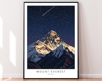 Mount Everest Night Nepal Art Print illustratie Everest Shooting Star poster kunst aan de muur cadeau ingelijste print