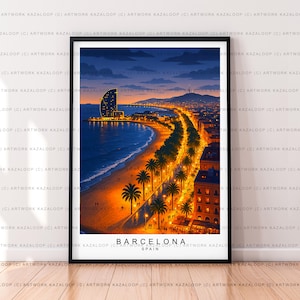 Barcelona nacht uitzicht op het strand ingelijste illustratie kunstafdruk Spanje Barcelona poster