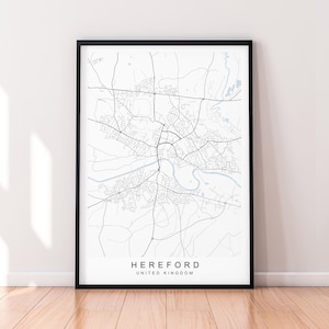 Ilustración de impresión de mapa de Hereford Póster de mapa de Hereford, Reino Unido Arte de pared Regalo Impresión sin marco