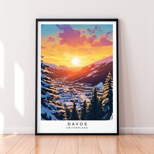 Davos Sunset Switzerland Travel Print Art Illustration Davos  Swiss Alps Poster Wall Art Gift Unframed Print