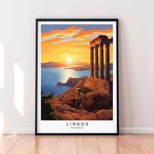 Lindos Sunset Rhodes Illustration Print Lindos Rhodes Greece Poster Wall Art Gift Unframed Print