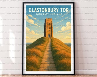 Impresión de ilustración sin marco de Glastonbury Tor, Somerset, Inglaterra, póster artístico, impresión de viaje por el Reino Unido, arte mural de Glastonbury, póster de un lugar emblemático inglés