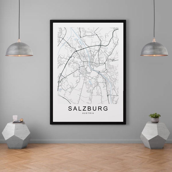 Salzburg Map Austria Town City Map Print Minimalist Home Map Poster Wall Décor