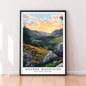Stampa artistica del tramonto sui Monti Mourne Illustrazione dei Monti Mourne Irlanda del Nord Poster Arte murale Regalo Stampa senza cornice