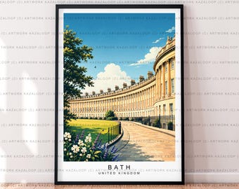 May include: A framed art print featuring a curved row of beige stone buildings in Bath, United Kingdom. The scene includes a green lawn, a paved walkway, a large tree, and white flowers in the foreground under a bright blue sky with clouds.