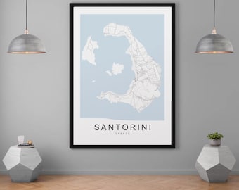 Mapa de la isla de Santorini, Grecia, impresión minimalista, mapa del hogar, póster, decoración de pared