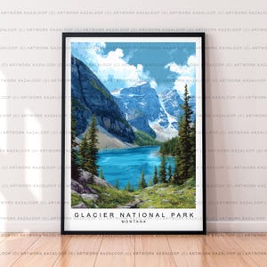 Glacier National Park Montana ingelijste afbeelding afdrukken posterkunst, Montana Travel Print, schilderachtige bergmuurkunst Glacier National Park