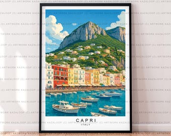 Capri Italien ungerahmt Illustration Druck Poster Kunst, Capri Wandkunst, Capri Reise Druck, Mittelmeerküste Poster Kunstwerk