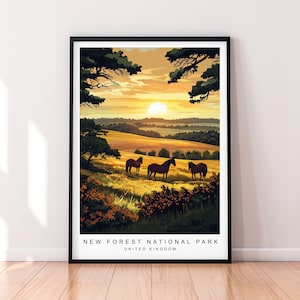 New Forest National Park Sunset Horses Art Illustration Print New Forest National Park Poster Wall Art Gift Unframed Print