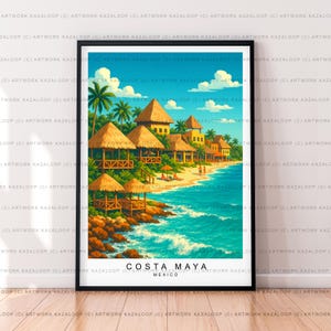 Costa Maya Mexico Unframed Poster Illustration Art Print With Beach And Huts Costa Maya Mexico Print