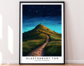 Glastonbury Tor Night Illustration Print Glastonbury Tor Tower Poster Gift Unframed Print