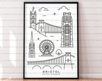May include: Black framed art print featuring a minimalist line drawing of Bristol, United Kingdom landmarks. The artwork includes the Clifton Suspension Bridge, a Ferris wheel, and the city's name.