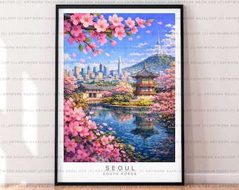 Seoul South Korea Spring Unframed Illustration Print Poster Art, Korean Wall Art Travel Artwork, Traditional Seoul Architecture Poster Print
